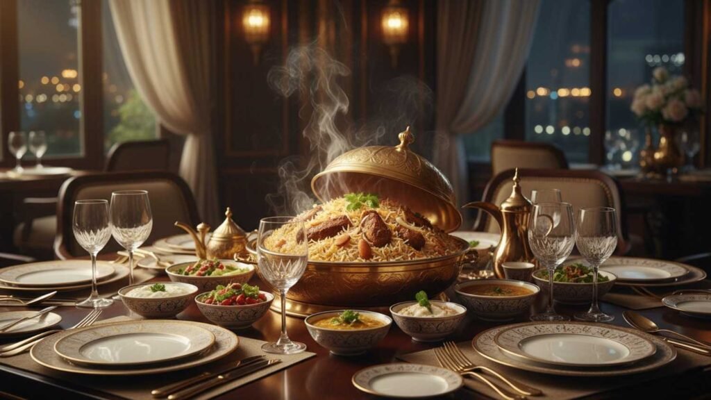 Luxury Middle Eastern dining setup featuring premium 1121 Steam Basmati Rice biryani and Arabic cuisine