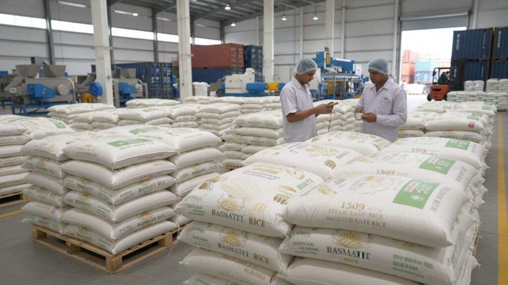 Premium 1509 Steam Basmati Rice bags prepared for international export shipment in warehouse