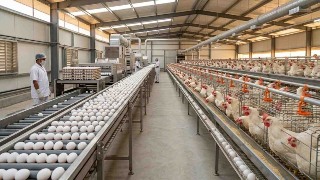 Modern Indian poultry farm producing fresh export quality eggs for UAE Qatar Oman and Saudi Arabia