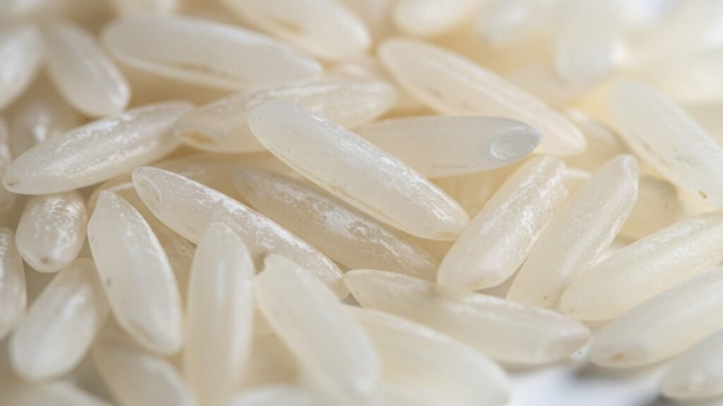 Close-up macro view of extra long 1121 White Sella Basmati Rice grains