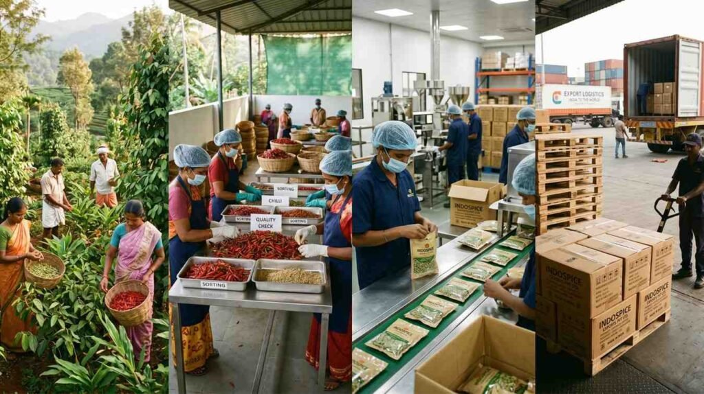 Indian spices sourcing processing packaging and export workflow