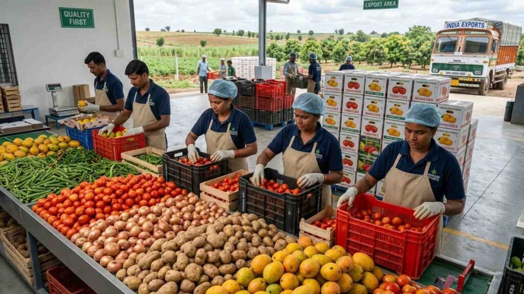 Indian farmers preparing fresh fruits and vegetables for Gulf countries export
