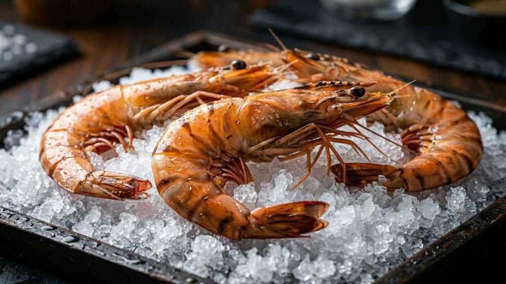 Fresh tiger prawns on ice prepared for international seafood export