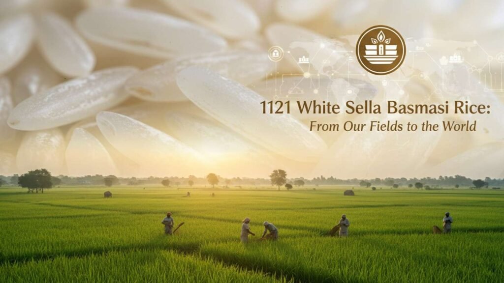 Indian basmati rice fields connected to premium 1121 White Sella rice export concept