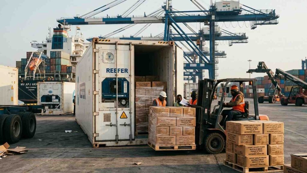 Refrigerated containers used for frozen buffalo meat export shipping from India