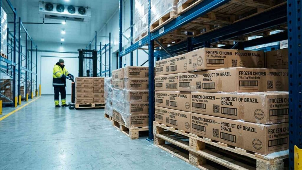 Frozen chicken packages stored in refrigerated export warehouse