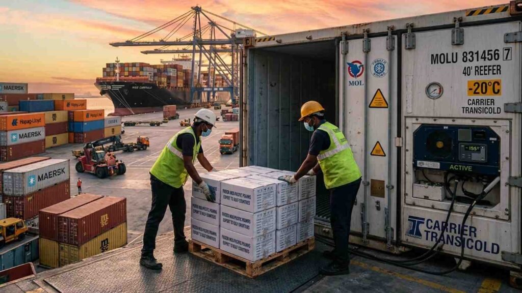 Refrigerated seafood containers transporting Indian prawns to Gulf countries