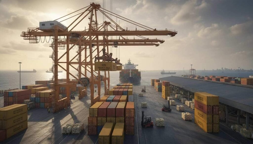 Shipping containers loaded with Golden Sella rice bags