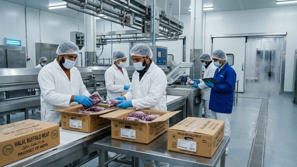 Professional halal buffalo meat processing and packaging facility for international export from India