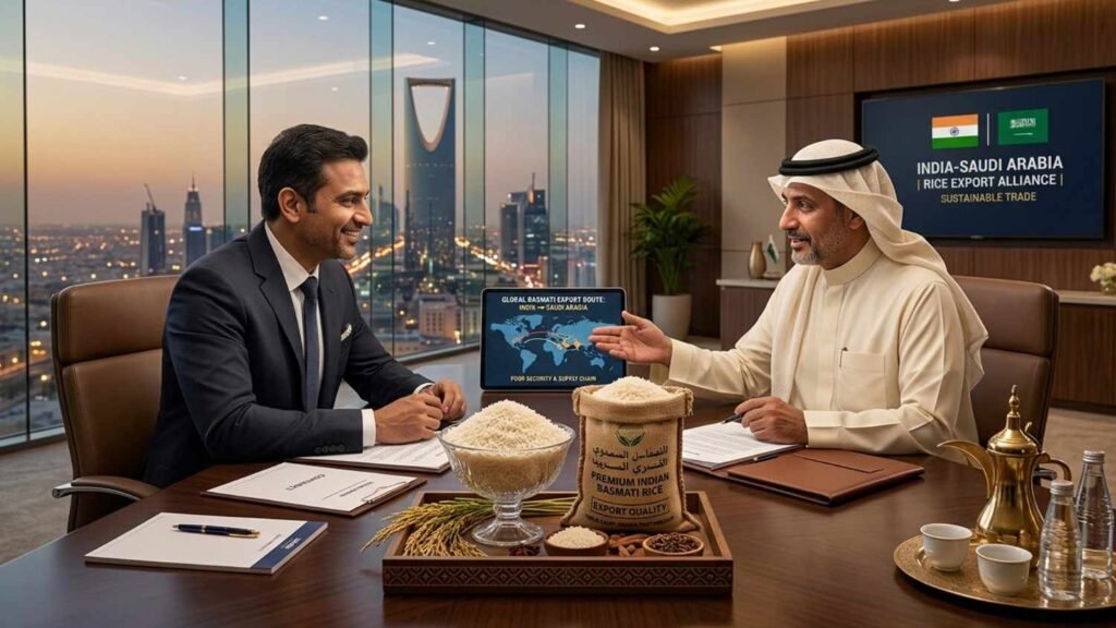 India and Saudi Arabia premium basmati rice export business partnership concept