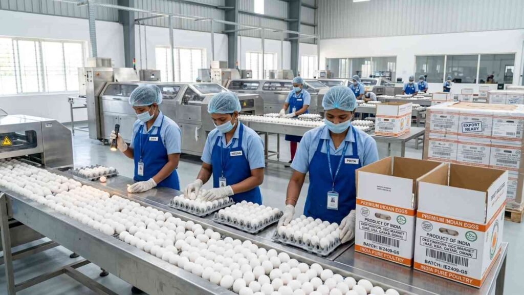 Workers packaging premium quality Indian eggs for export to Gulf countries in hygienic processing facility