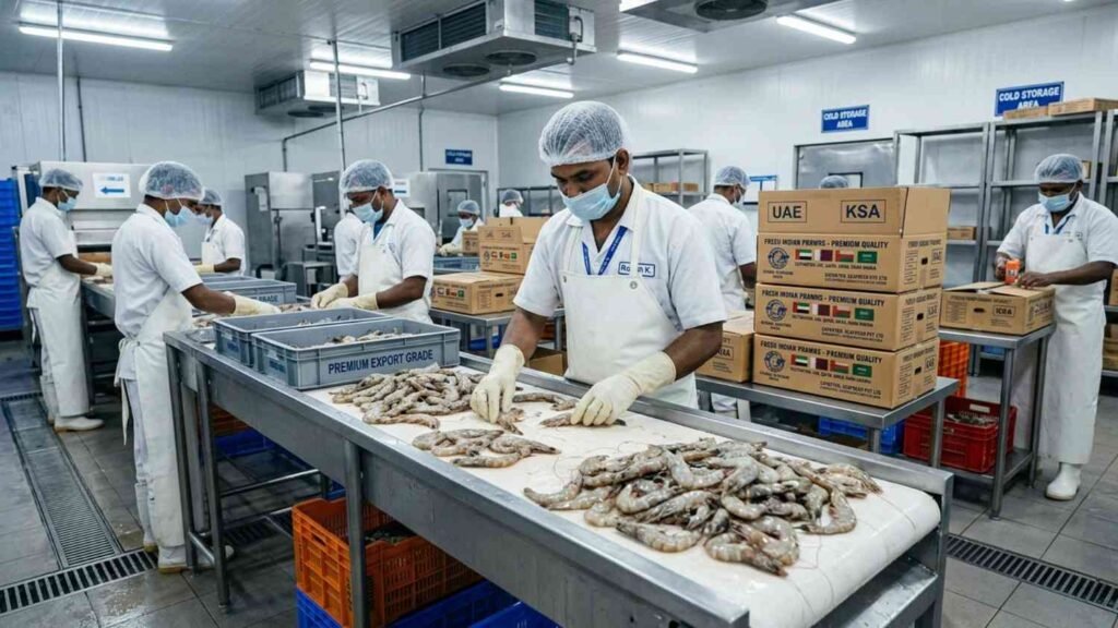 Premium quality Indian prawns being processed and packed for Gulf countries export