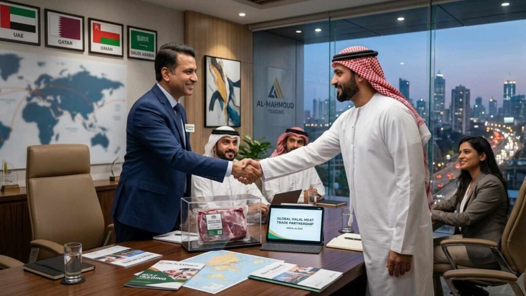 Indian buffalo meat exporters meeting Gulf country importers for halal meat trade partnership