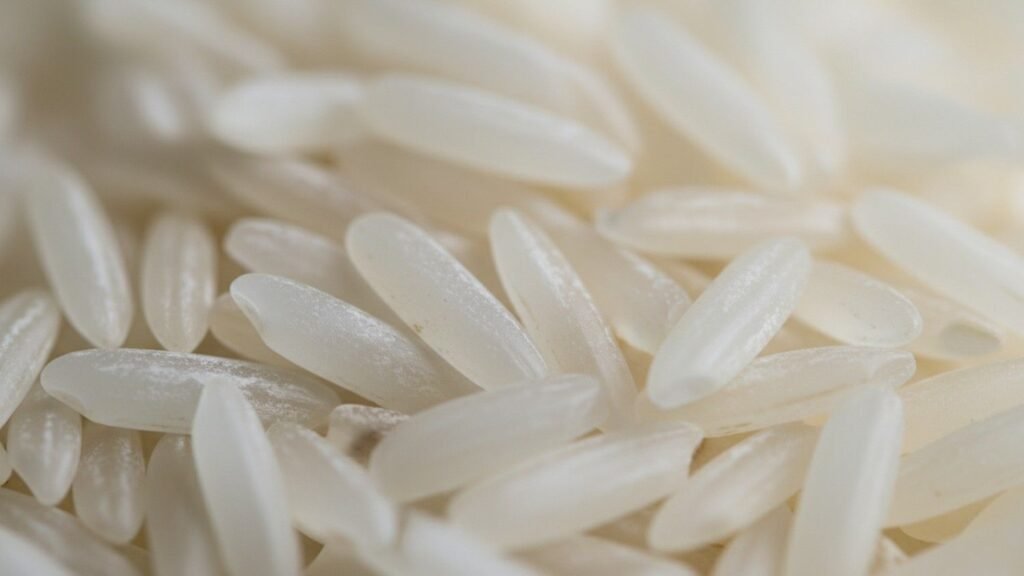 Macro close-up of premium 1509 Steam Basmati Rice grains showing extra long polished rice texture