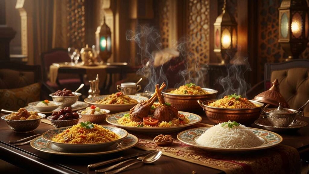 Premium Middle Eastern dining setup featuring 1509 Golden Sella Basmati Rice