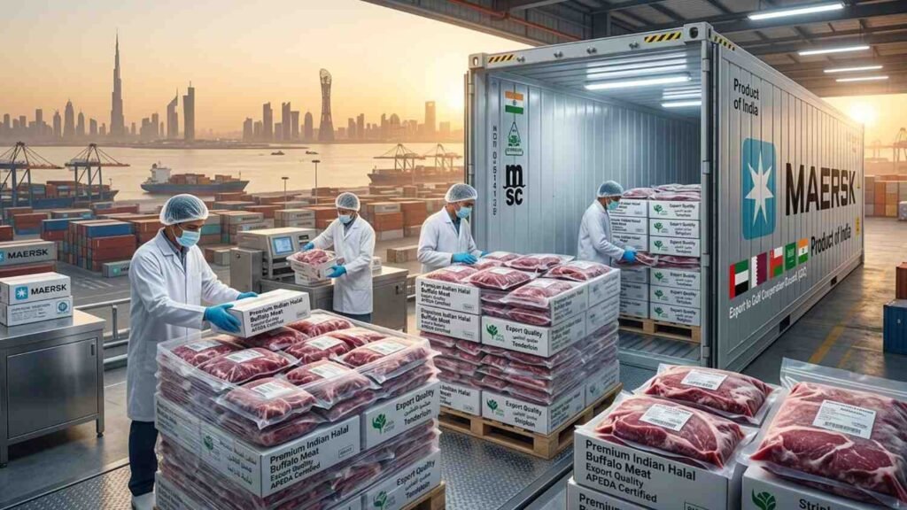 Frozen halal buffalo meat export from India to UAE Qatar Oman and Saudi Arabia at international cargo port