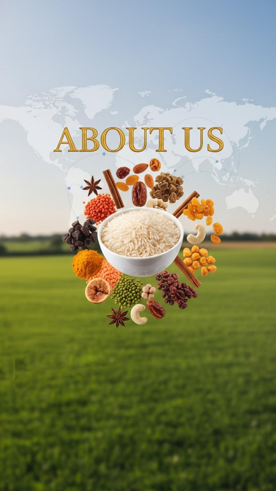 Luxury about us banner for Mad Era International featuring premium rice, spices, pulses, agricultural background, and global food export trading concept from India to UAE.