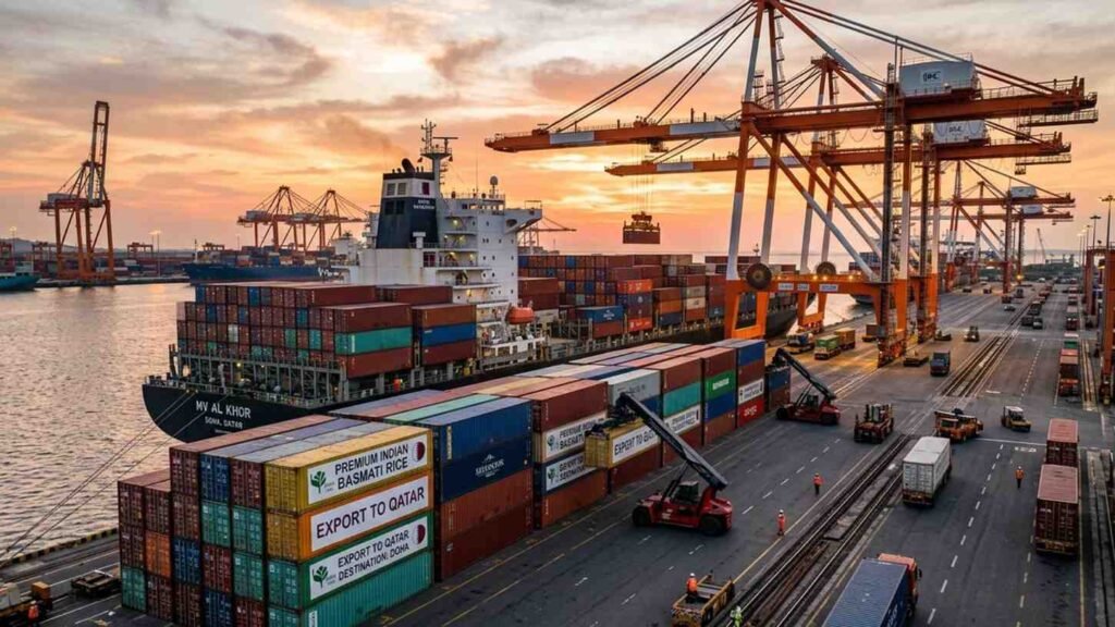 Indian rice export cargo containers being shipped from India to Qatar through international seaport