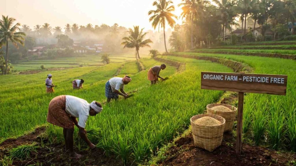 Indian farmers growing pesticide-free rice using sustainable farming practices