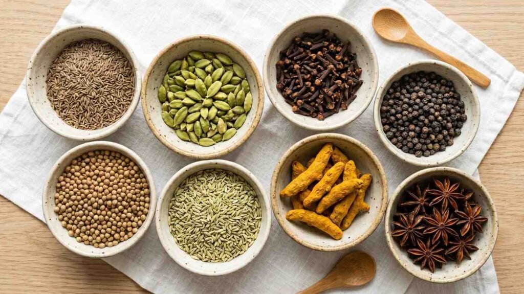 Assorted whole Indian spices in bowls for export and wholesale supply